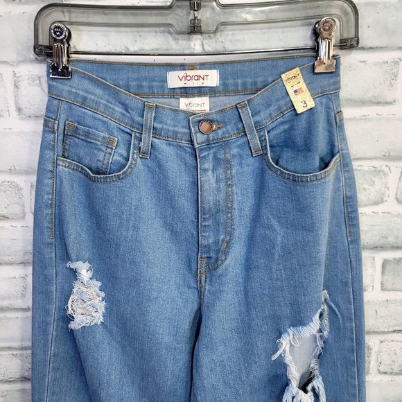 Vibrant MIU Jrs 3 W25 L32 Thrashed Ripped Wide Leg Hi Waisted Jeans Light Demin - Picture 2 of 7